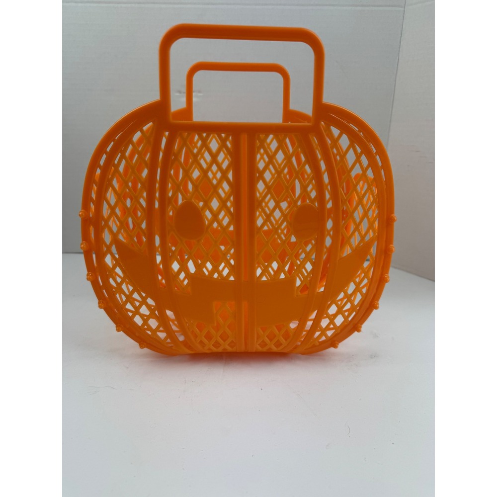 Orange Pumpkin Jack O Lantern Plastic Jelly Bag Halloween Trick or Treat Basket